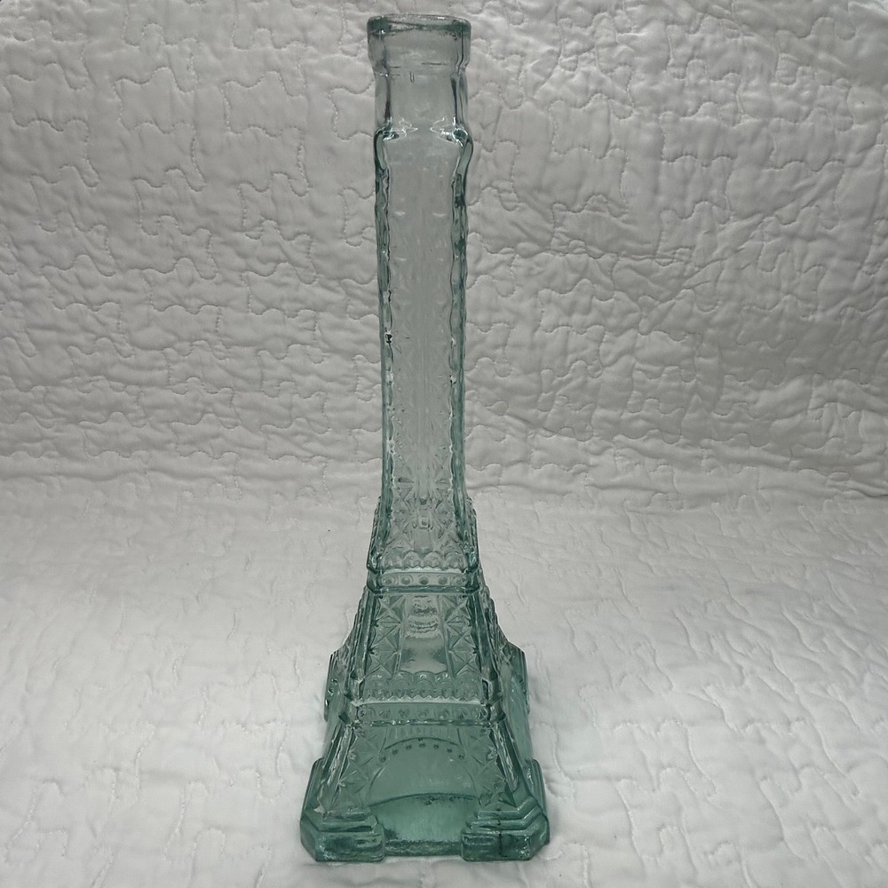 Vintage Eiffel Tower Glass Bottle 13.5"‎ Bud Vase Aqua Green Paris France Decor